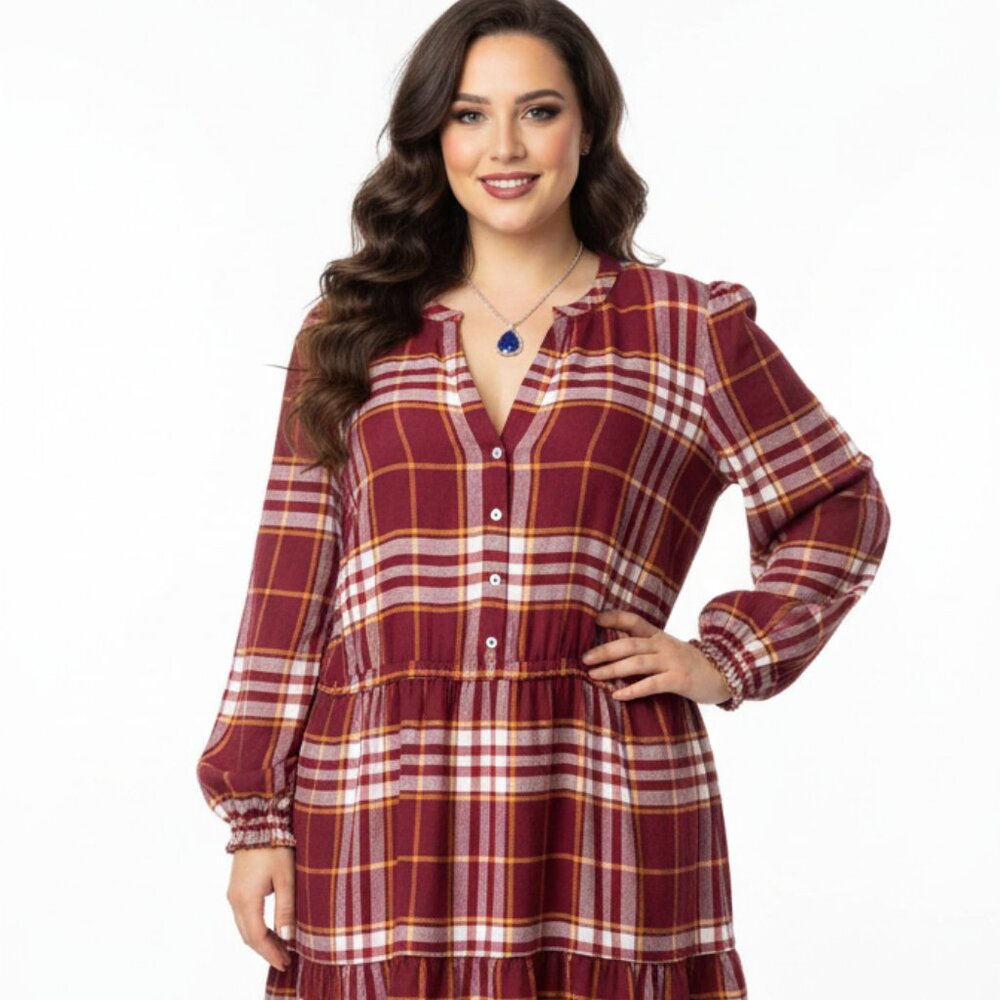 LOFT NWT XXL Plaid Midi Dress: Grenat & White Flannel, Long Sleeve Swing Style